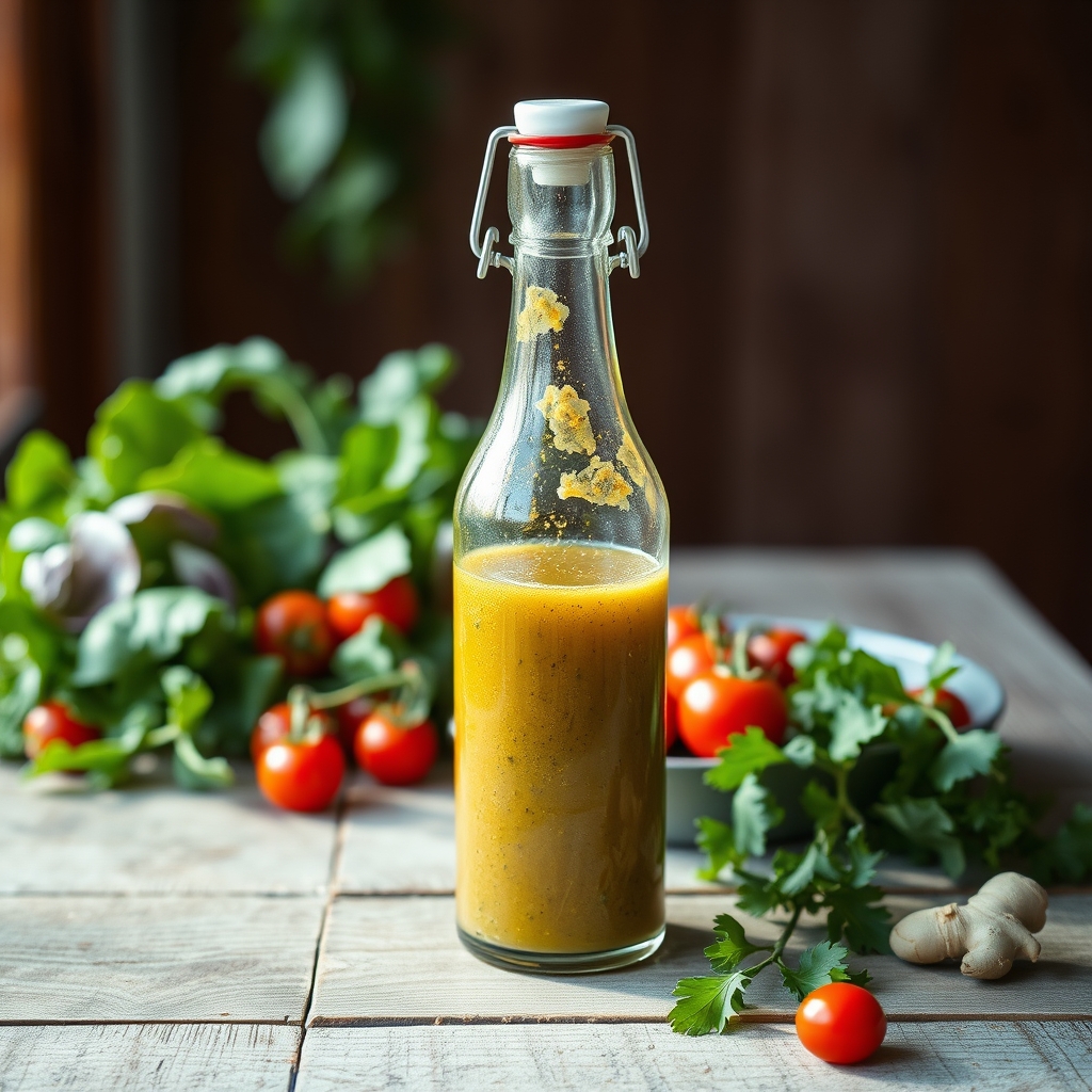 Glass bottle of sorrel vinaigrette on a wooden table with salad ingredients