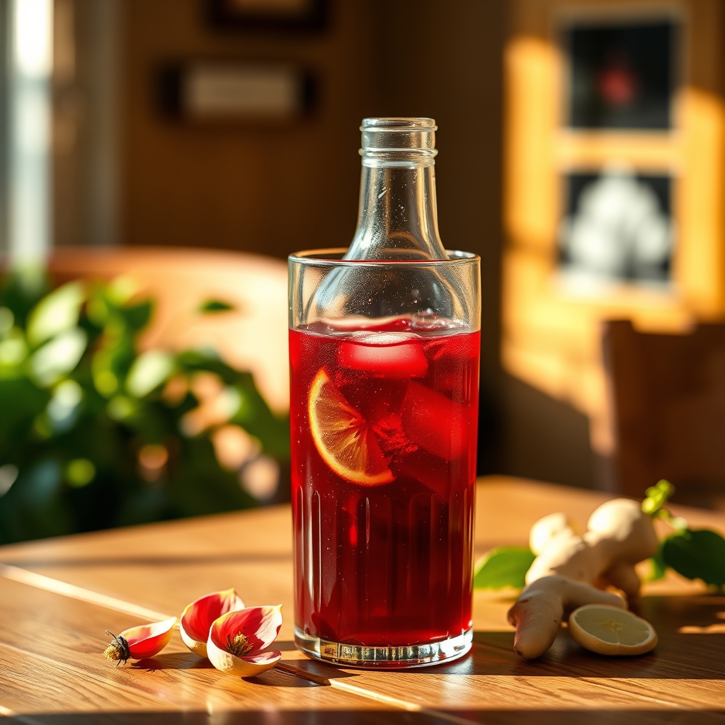 Glass of sorrel with hibiscus calyxes and ginger on a wooden table
