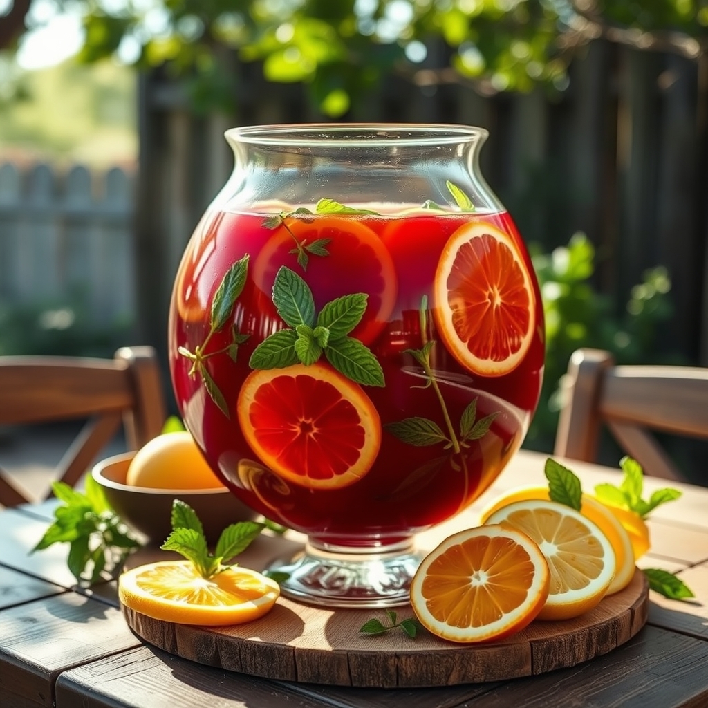 Sorrel punch bowl with fruit and mint on a wooden table