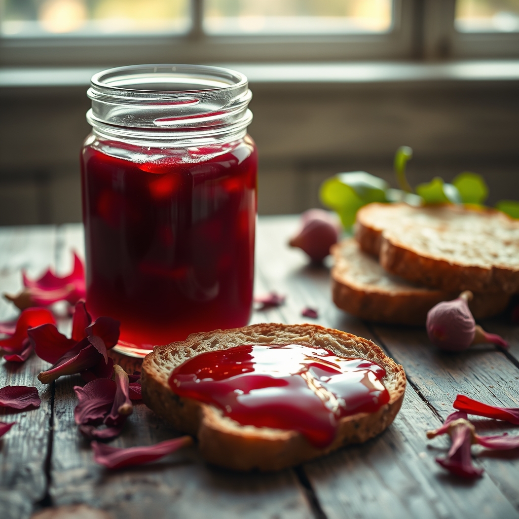 Glass jar of sorrel jelly on a wooden table with hibiscus petals and toast