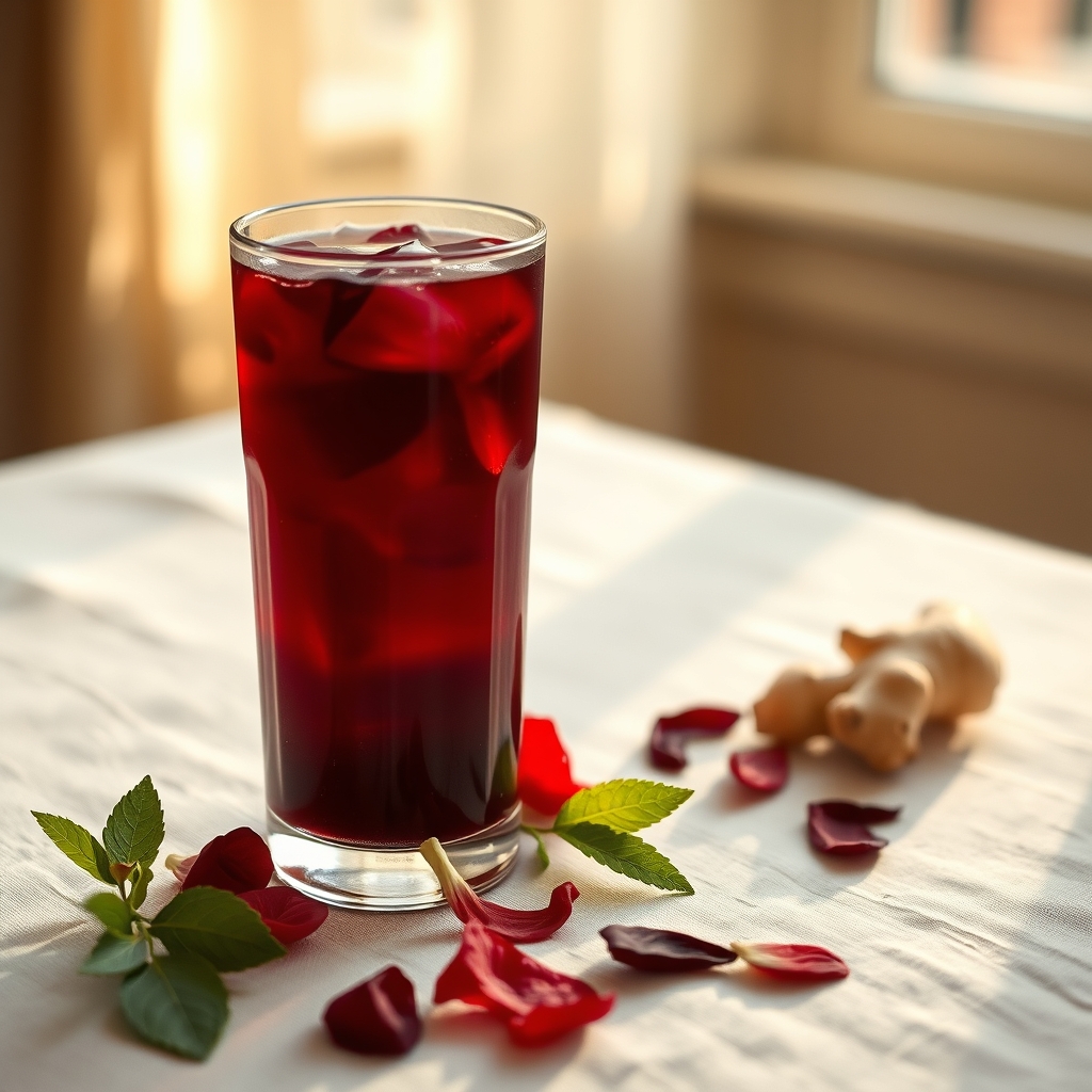 Glass of sorrel drink with hibiscus petals and ginger on a tablecloth