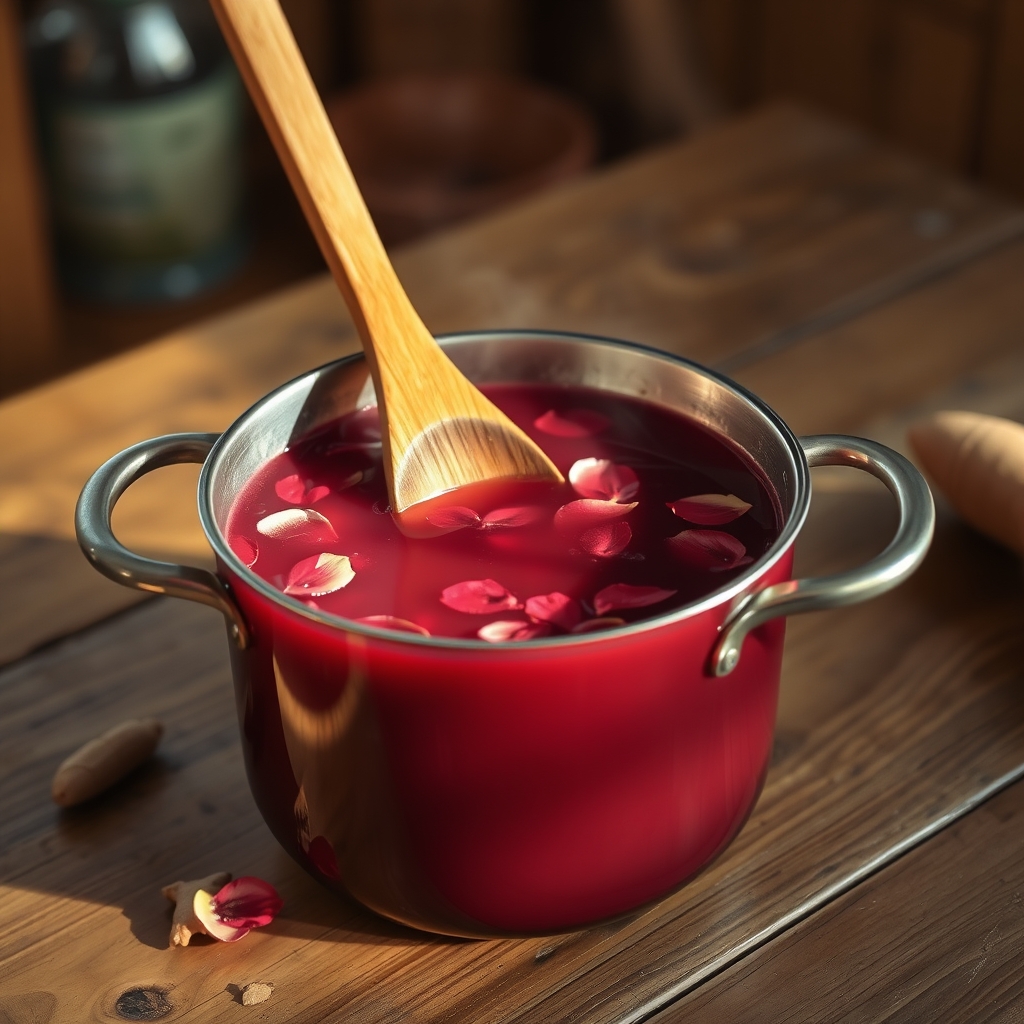 Wooden spoon stirring a pot of sorrel drink with hibiscus and ginger
