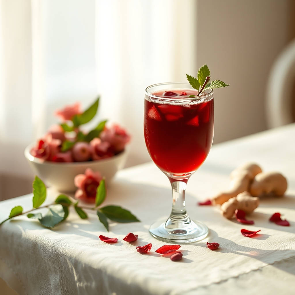 Glass of sorrel drink with hibiscus petals and ginger on a linen tablecloth