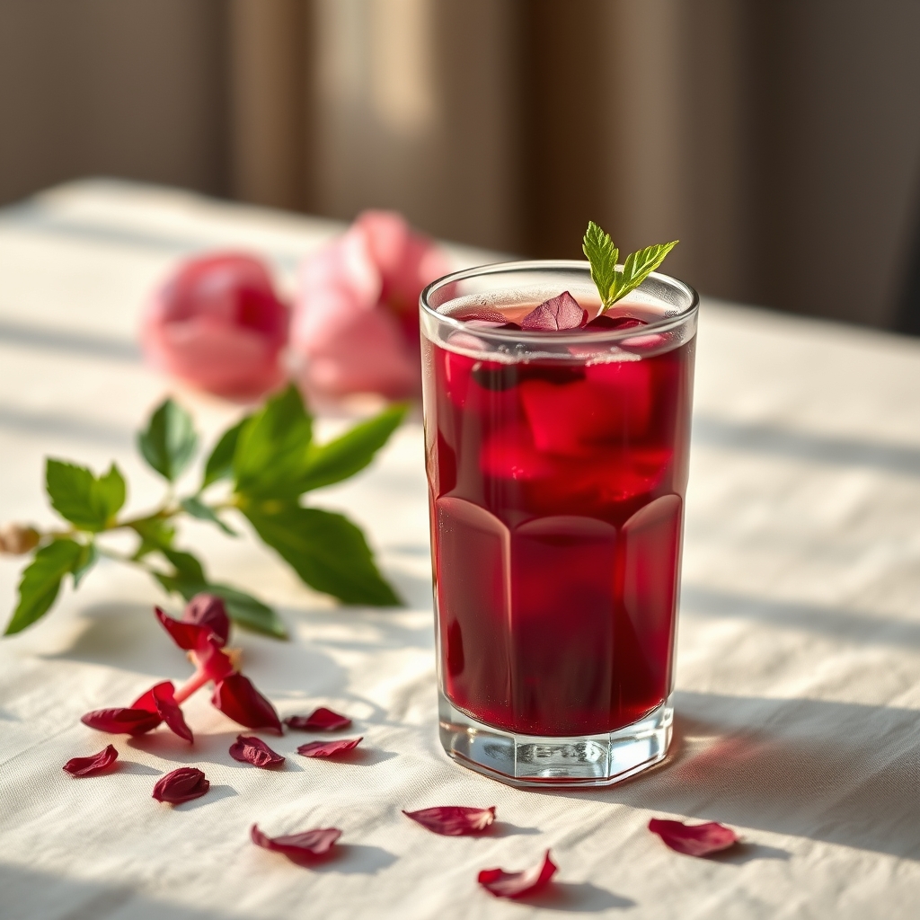 Glass of sorrel drink with hibiscus petals and ginger on a linen tablecloth