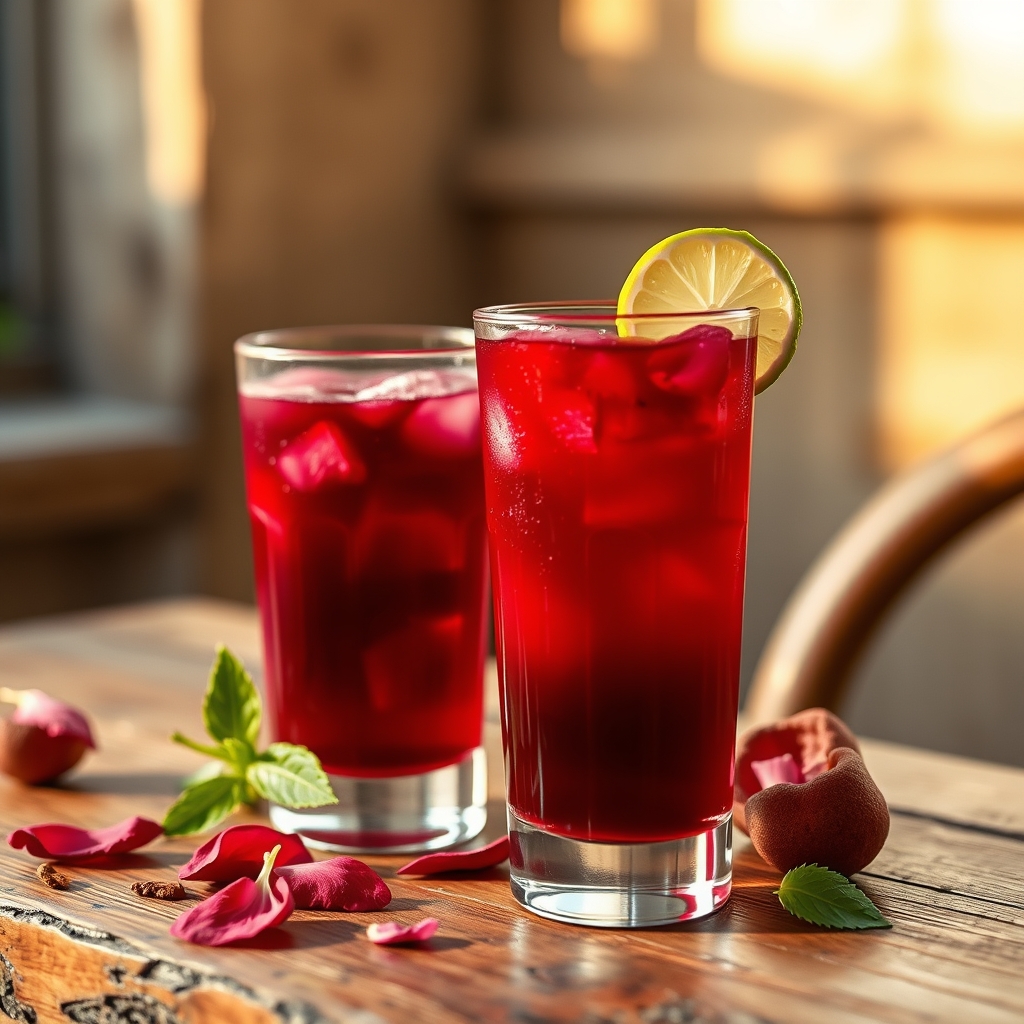 Glass of sorrel drink with hibiscus petals and lime on a wooden table
