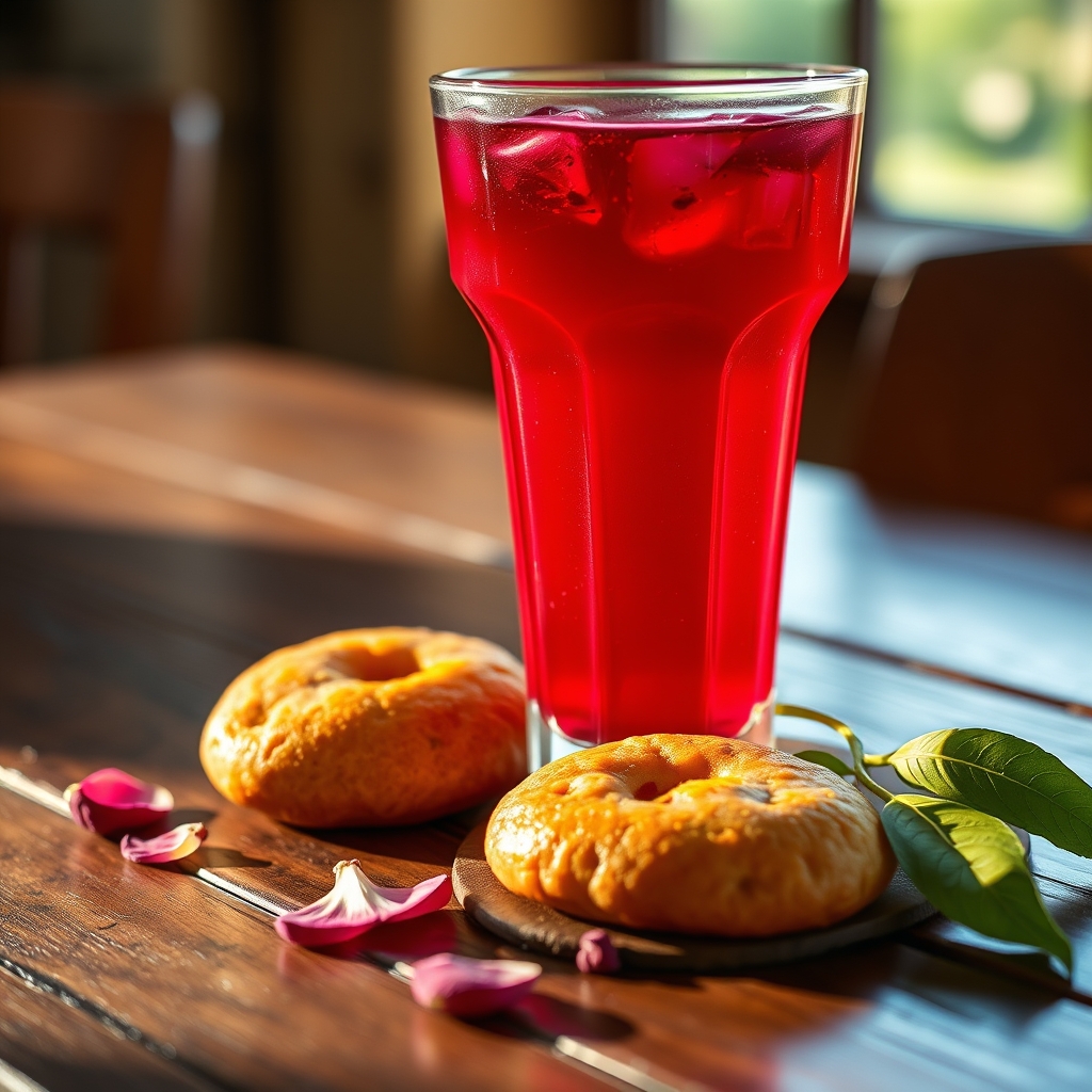 Glass of sorrel drink with hibiscus petals and a Jamaican patty on a wooden table