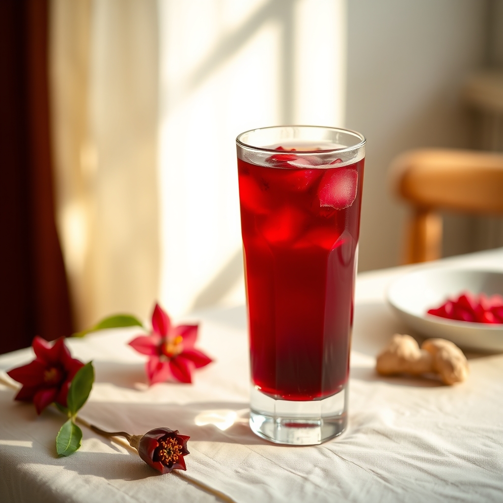 Glass of sorrel drink with hibiscus petals and ginger on a linen tablecloth