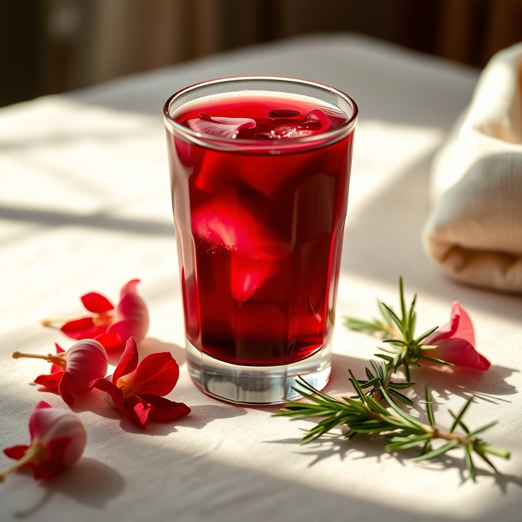 Glass of sorrel drink with hibiscus petals and ginger on a linen tablecloth