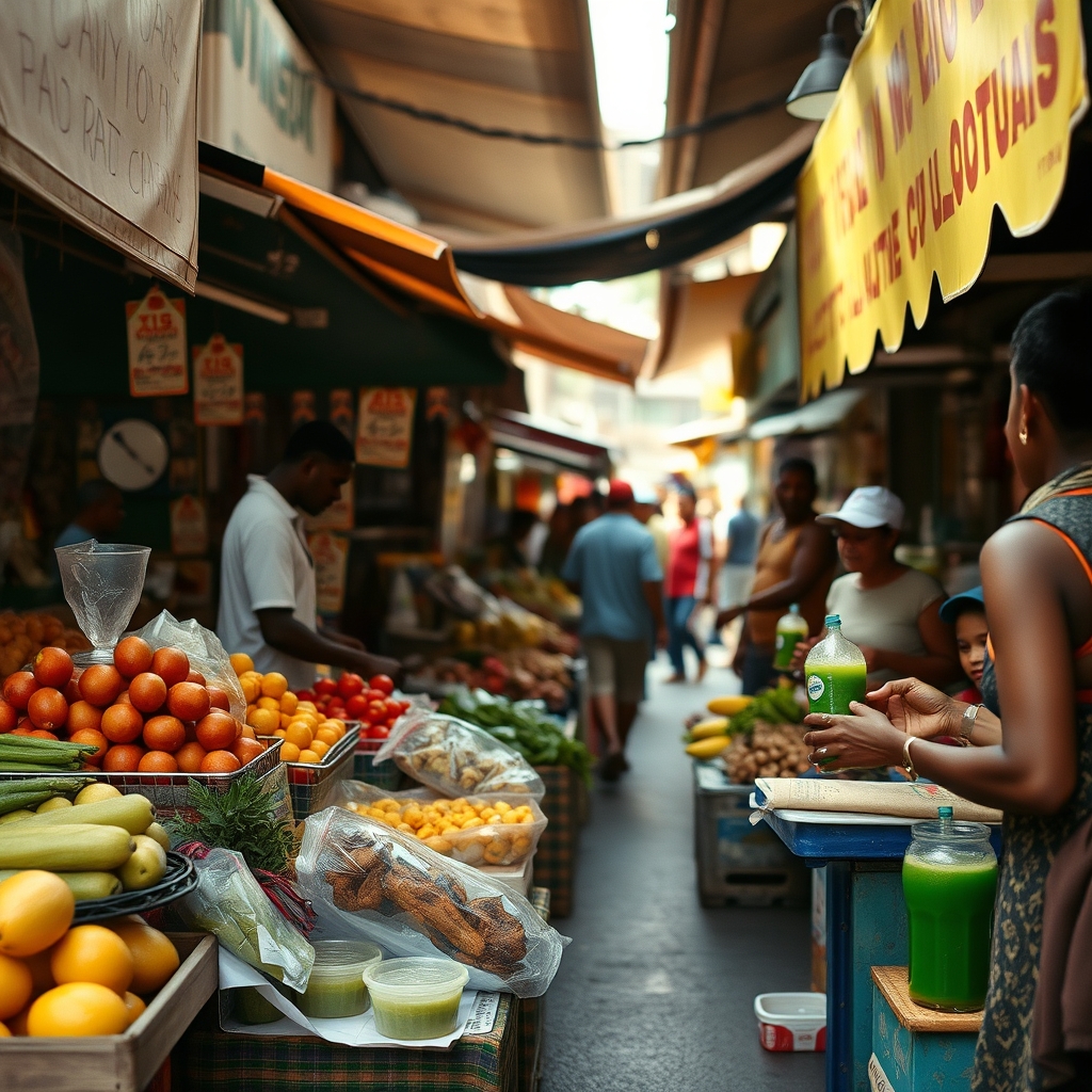 Bronx Caribbean market scene with vendors and fresh produce