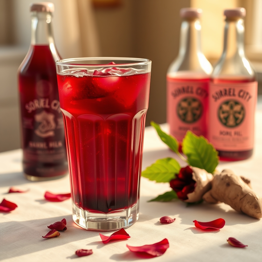 Glass of sorrel drink with hibiscus petals and ginger on a linen tablecloth