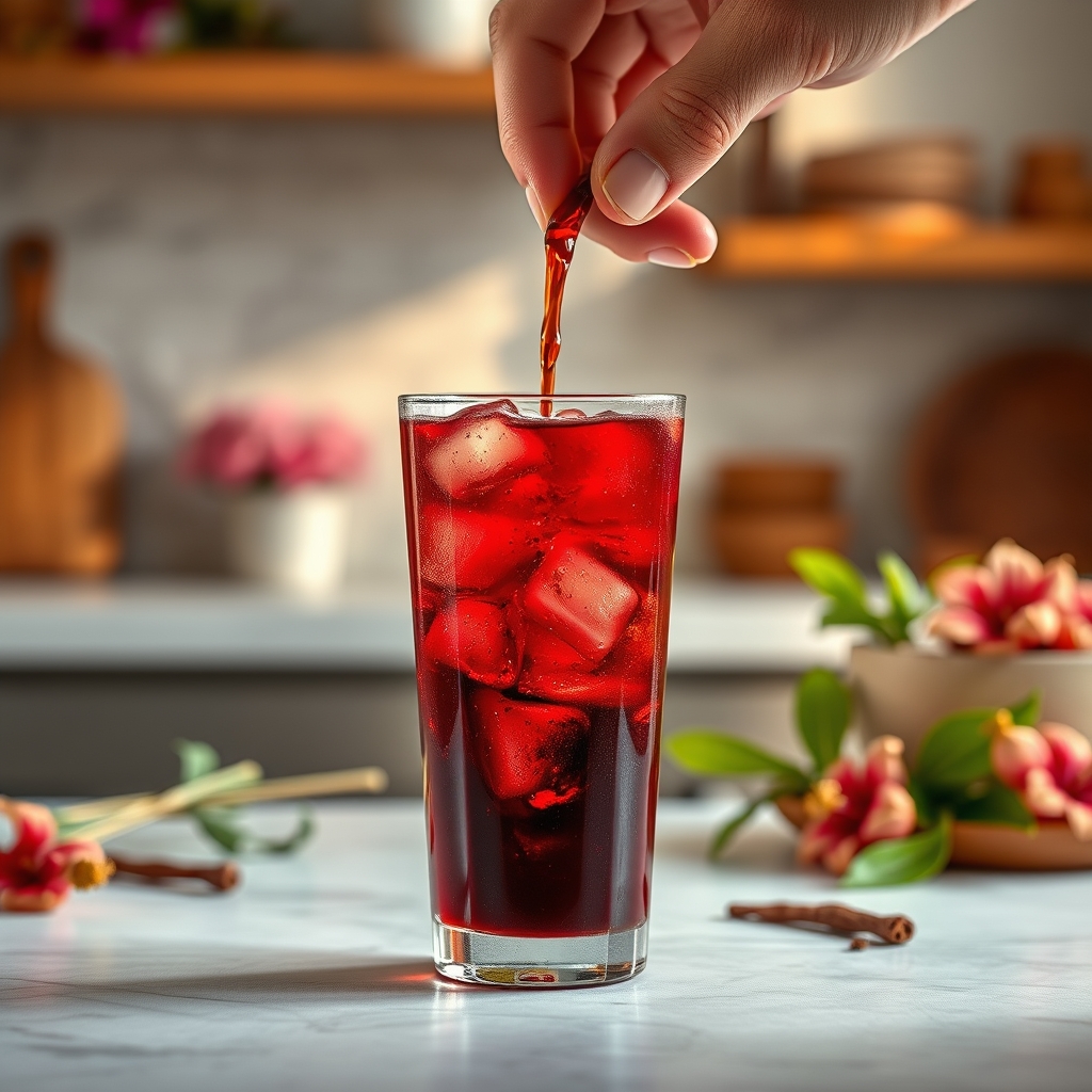 Glass of sorrel being poured in a kitchen with hibiscus flowers and spices