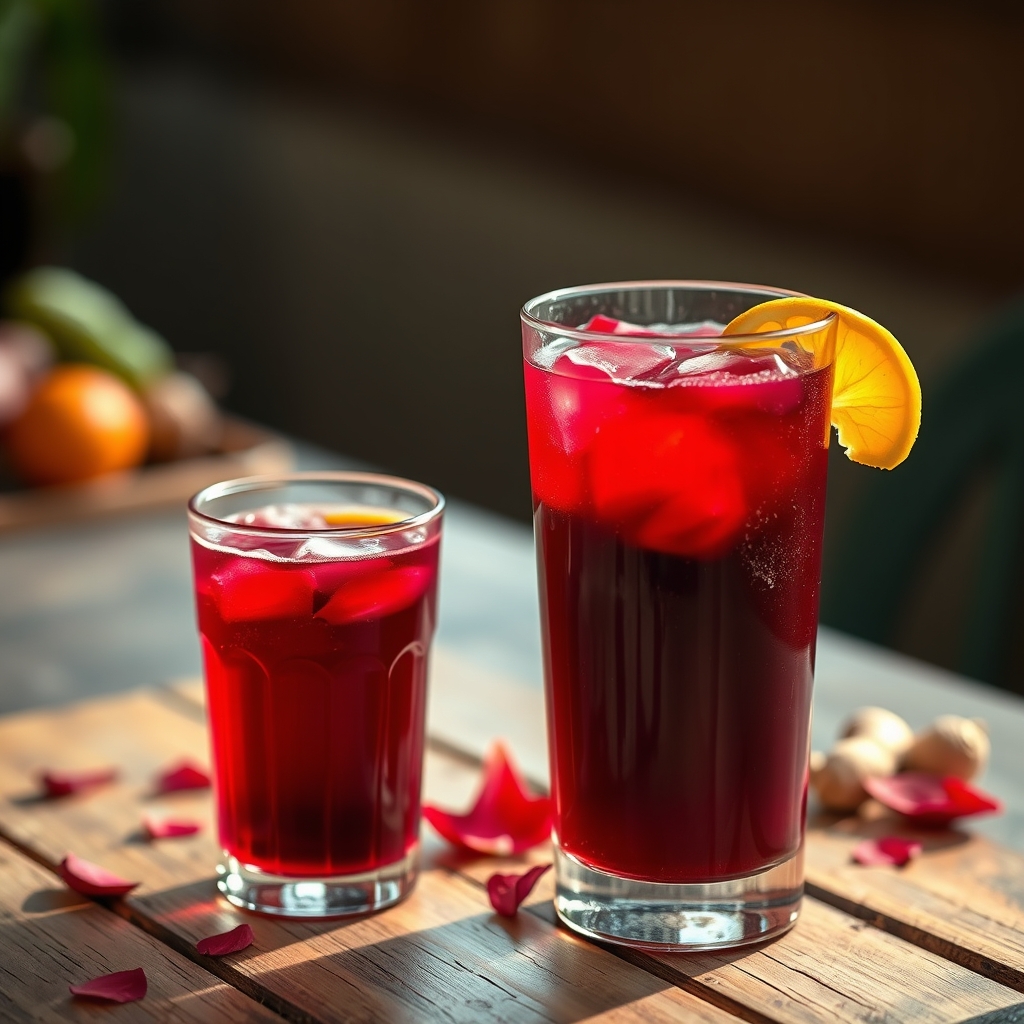 Glass of sorrel with hibiscus petals and ginger on a wooden table
