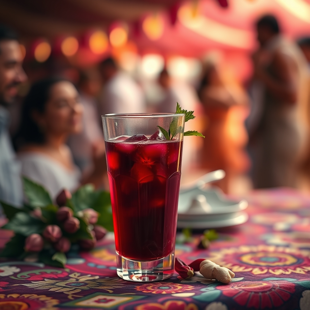 Glass of sorrel drink on a festival tablecloth with hibiscus petals and ginger
