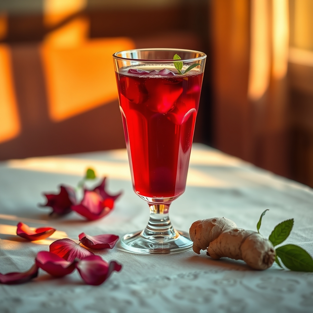 Glass of sorrel drink with hibiscus petals and ginger on a linen tablecloth