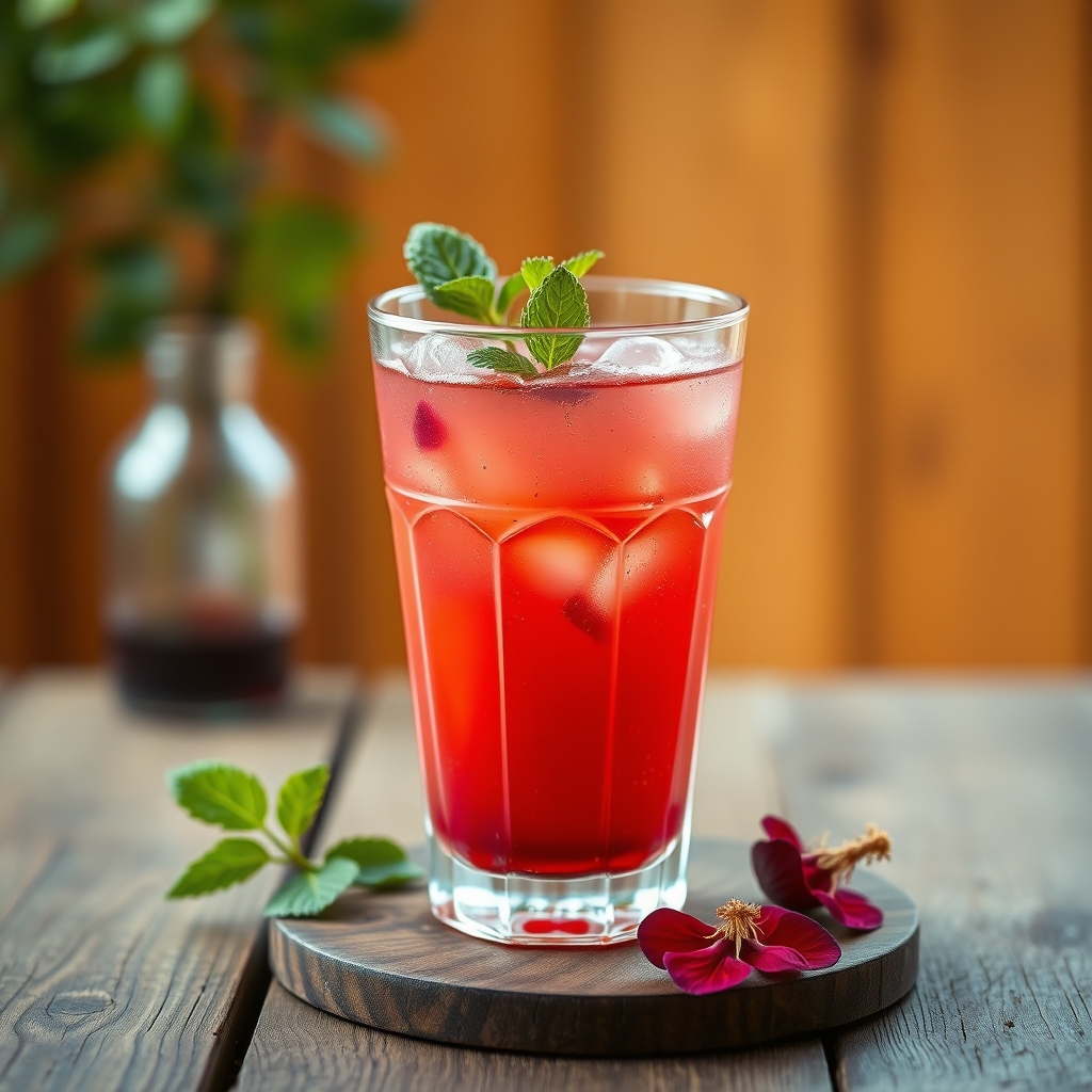 Glass of sorrel-and-rum cocktail with mint and hibiscus petals on a wooden table