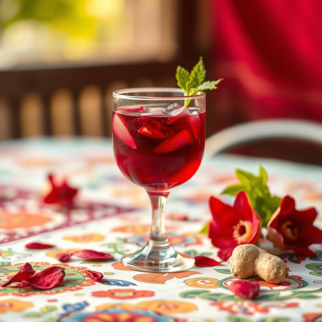 Glass of sorrel drink with hibiscus petals and ginger on a festival tablecloth