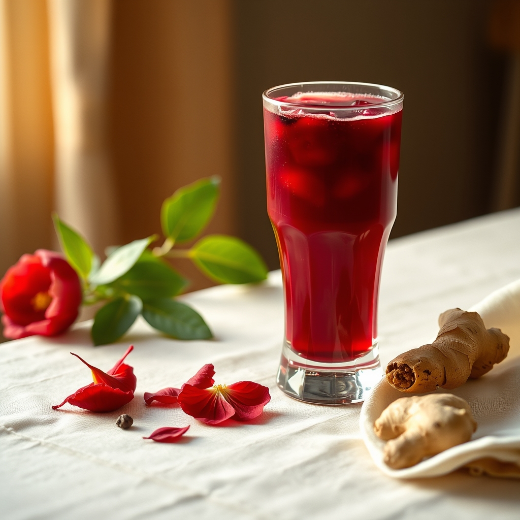 Glass of sorrel drink with hibiscus petals and ginger on a linen tablecloth