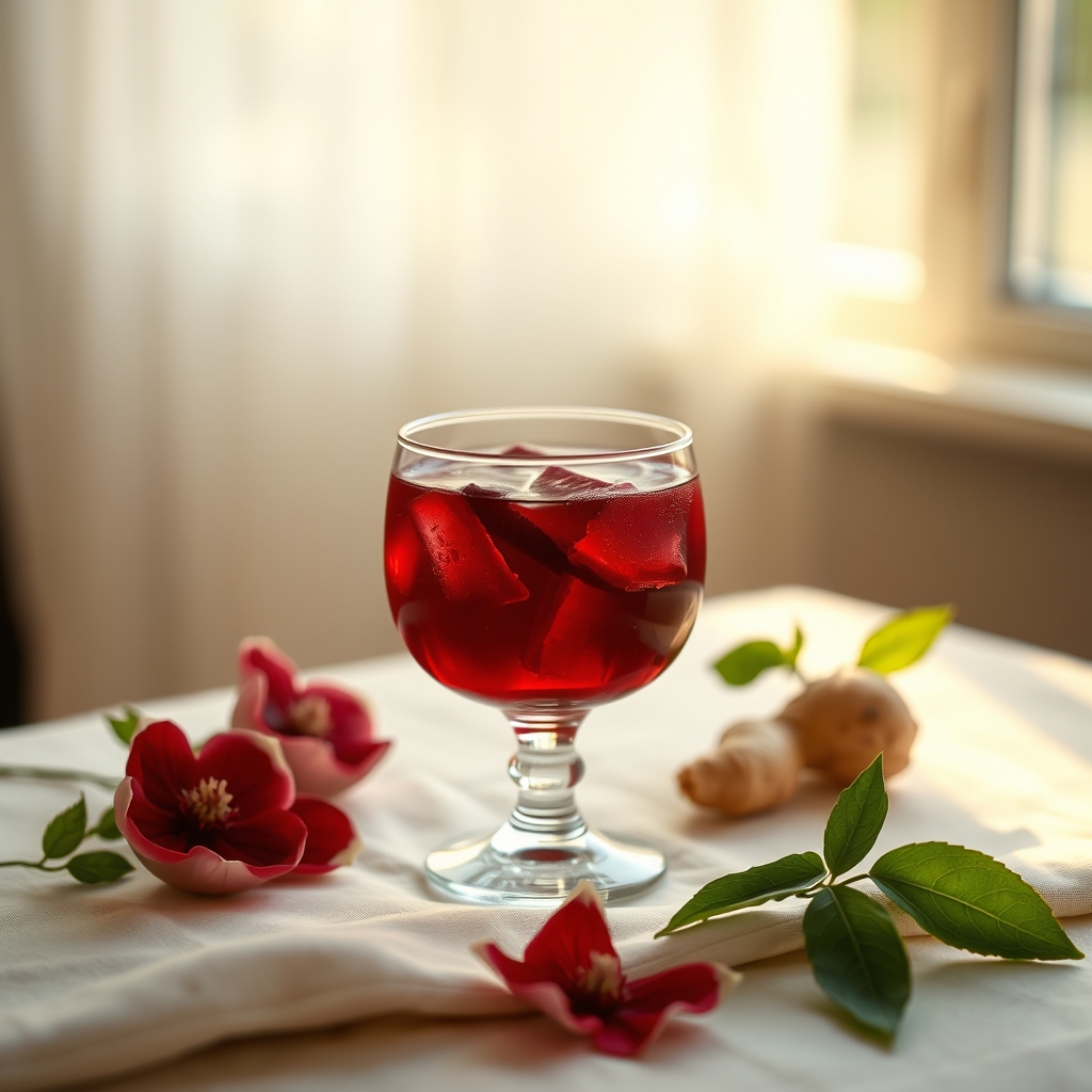 Glass of sorrel drink with hibiscus petals and ginger on a linen tablecloth