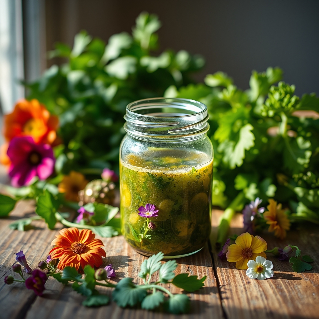 Glass jar of sorrel-infused vinaigrette on a wooden table with fresh greens and flowers