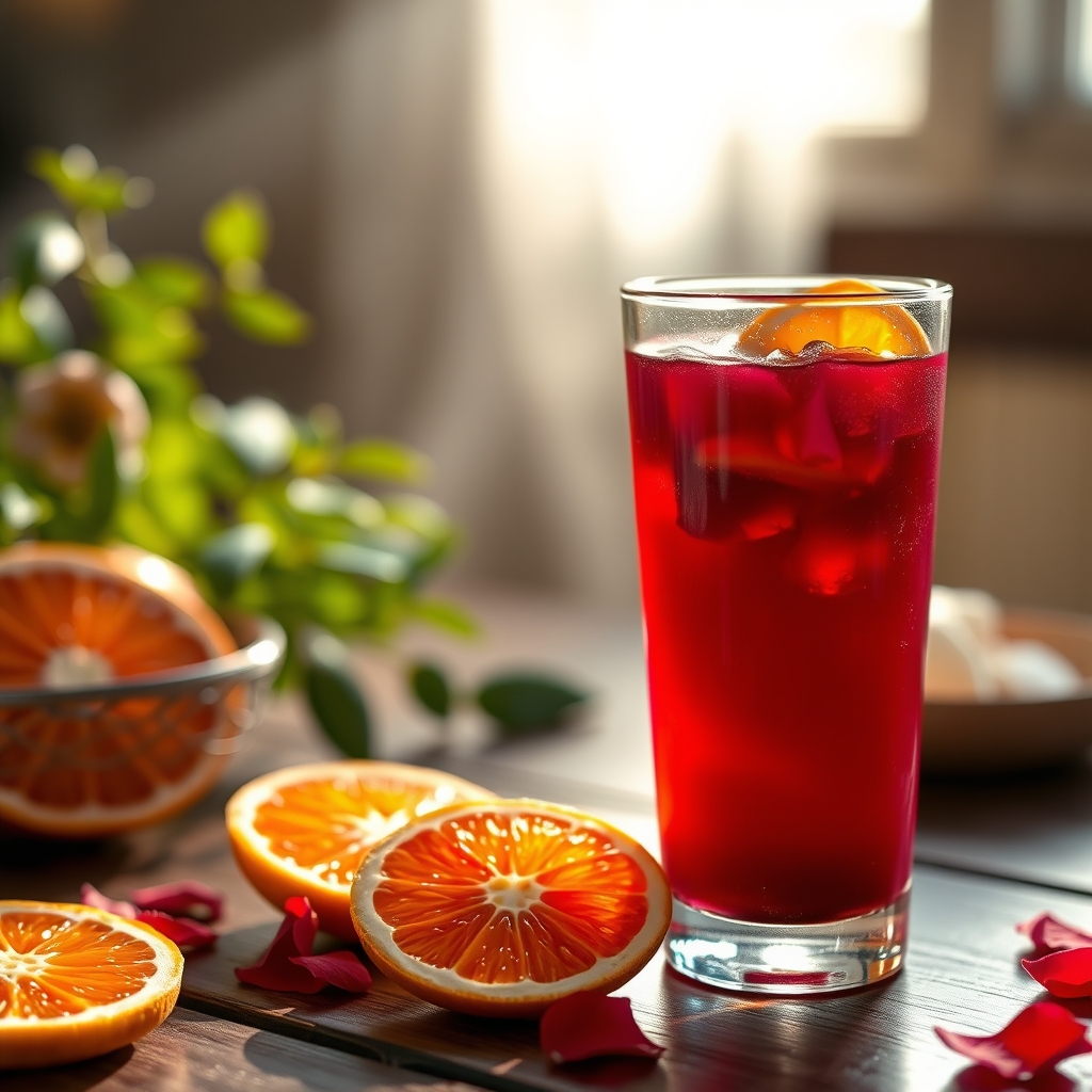 Glass of sorrel drink with hibiscus petals and sliced oranges on a wooden table