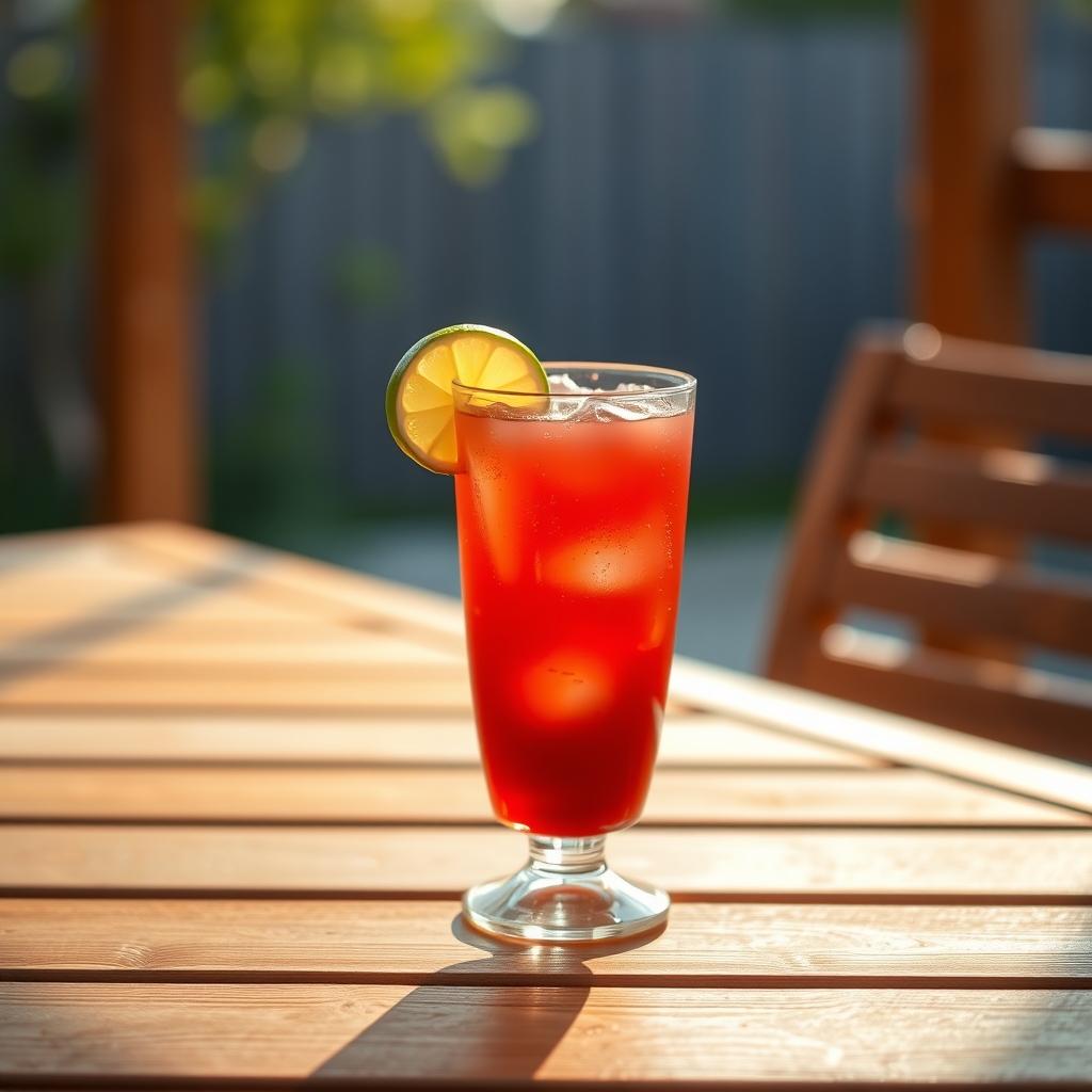 Glass of sorrel rum punch with nutmeg and lime on a patio table
