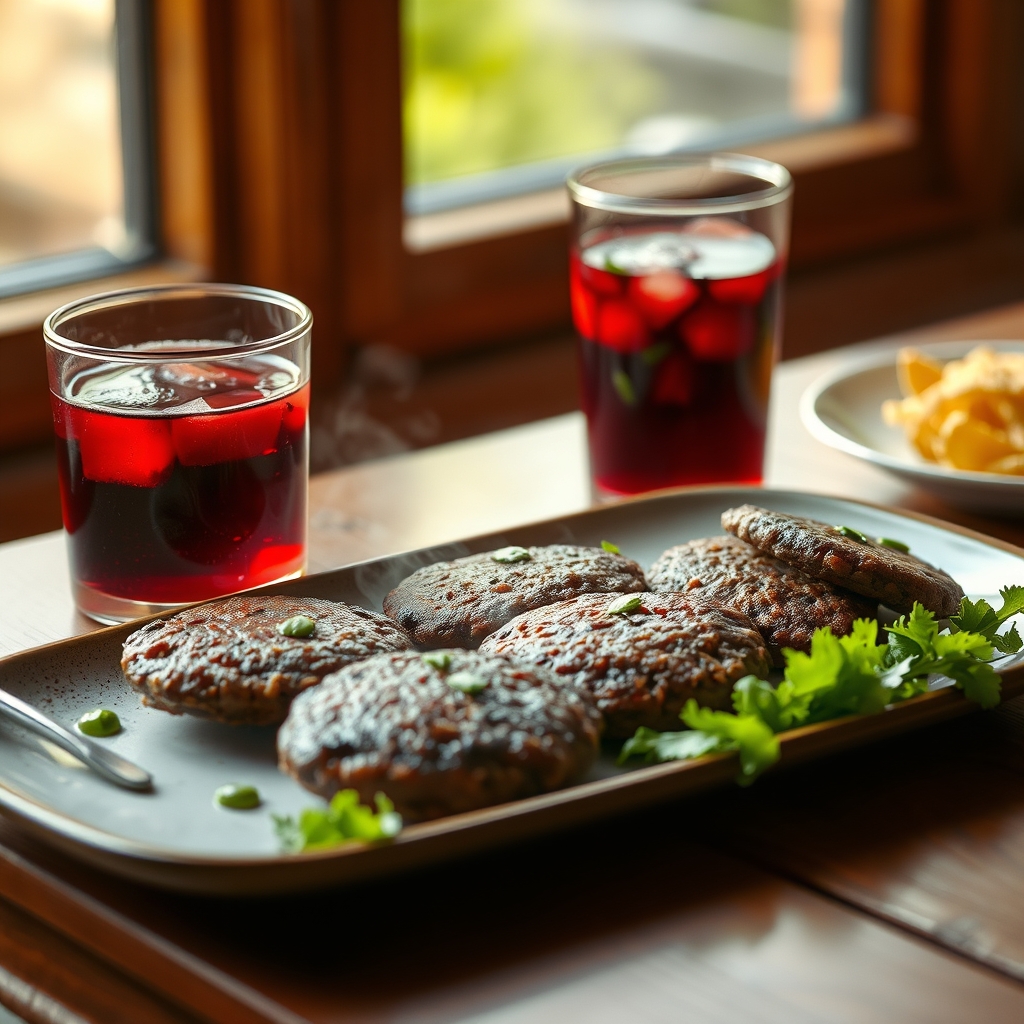 Plate of beef patties and glass of sorrel drink on a wooden table