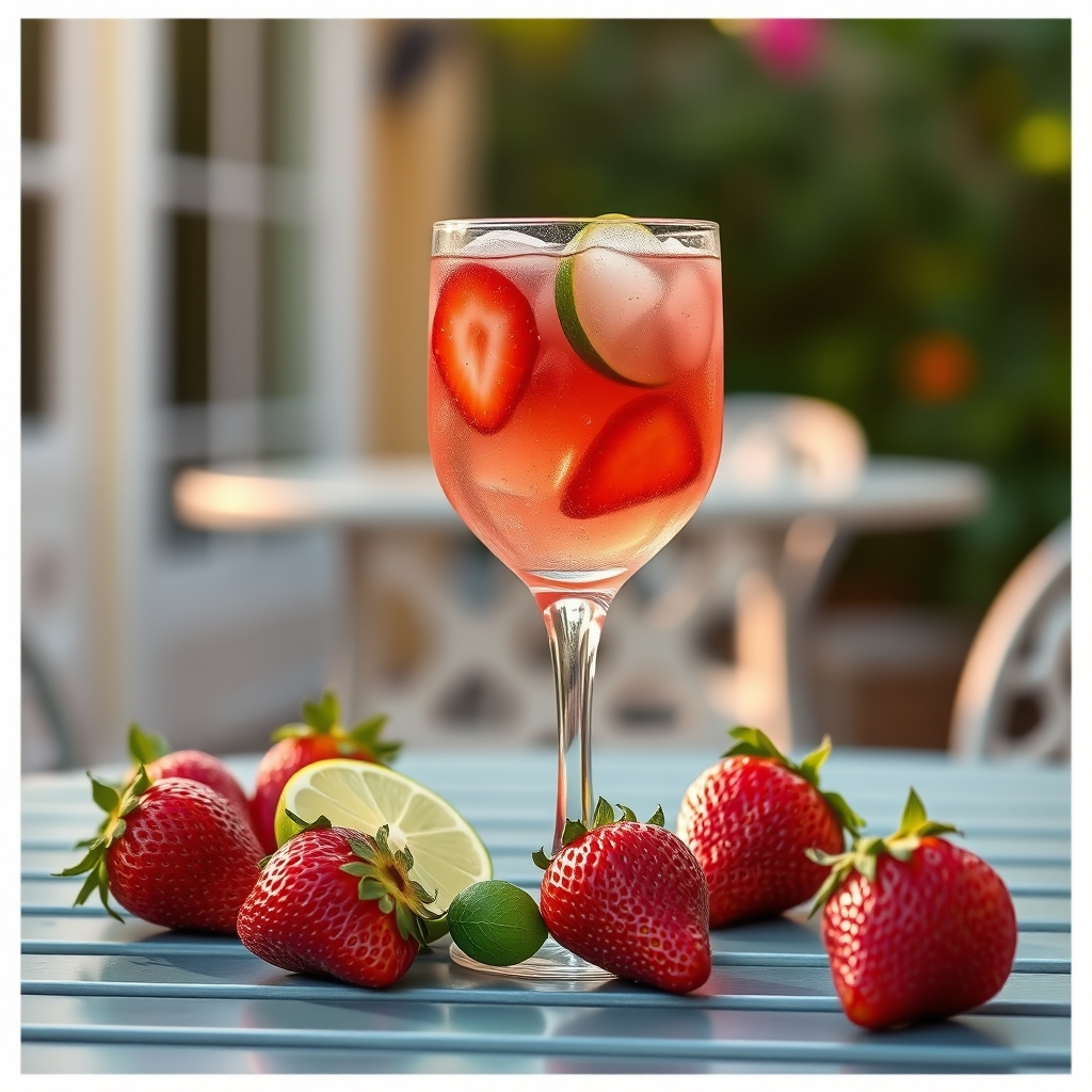 Glass of sorrel spritzer with lime and strawberries on a patio table