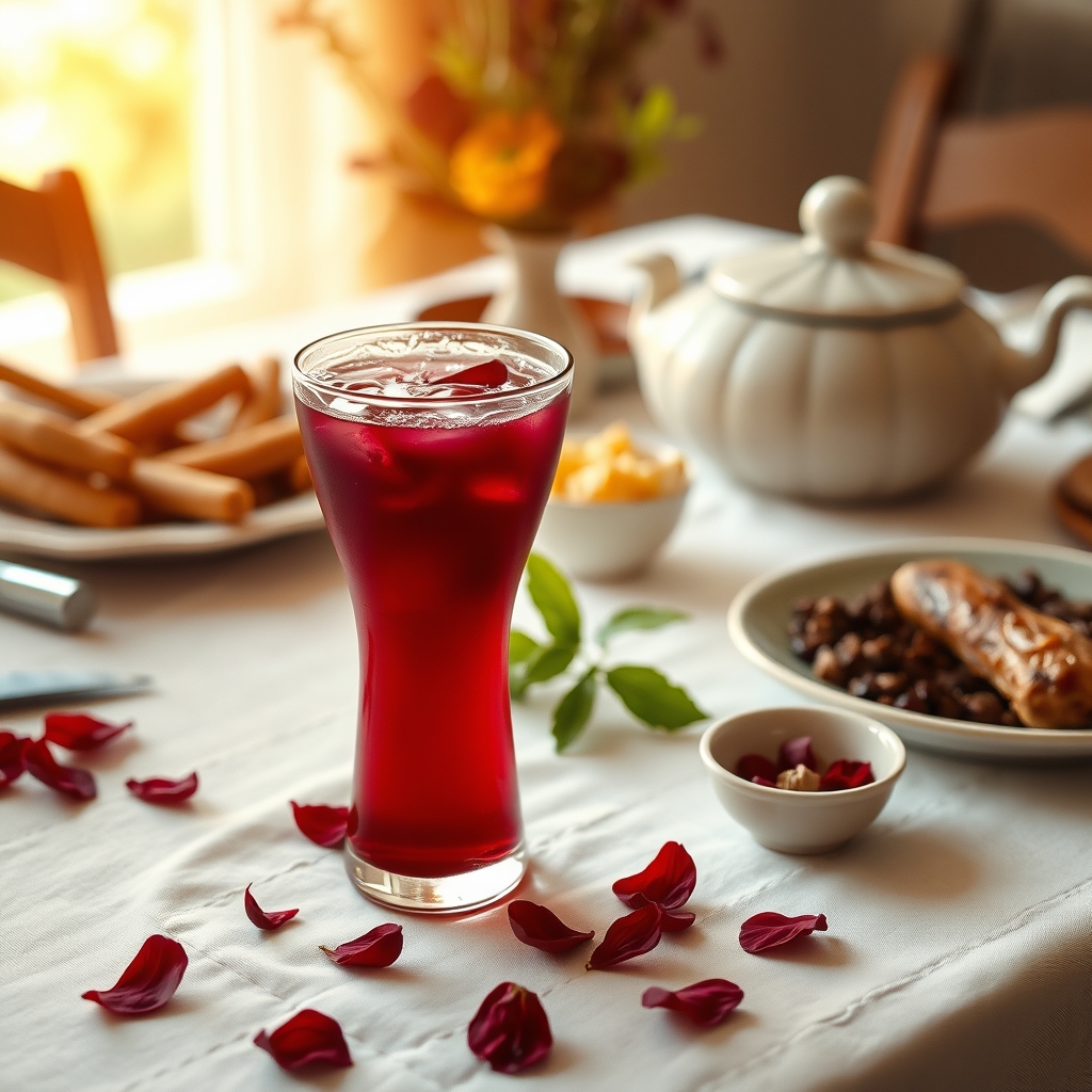 Glass of sorrel drink on a table with Thanksgiving dishes
