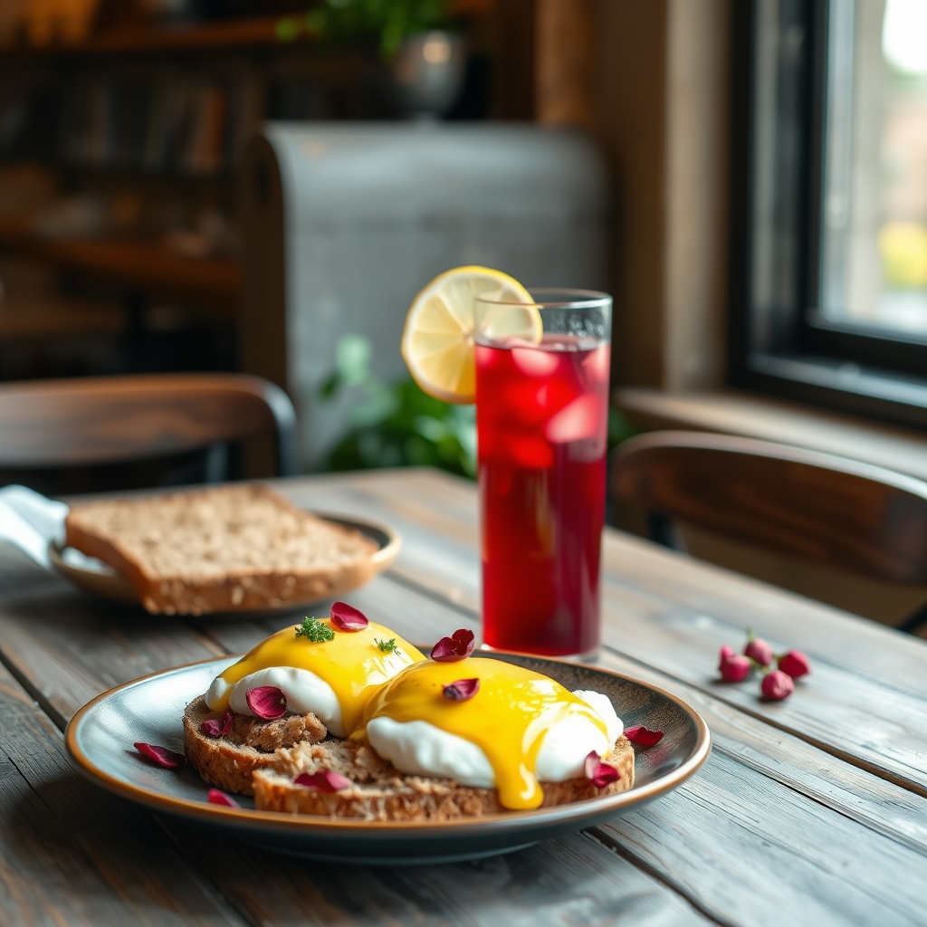 Glass of sorrel drink with eggs benedict and toast on a wooden table