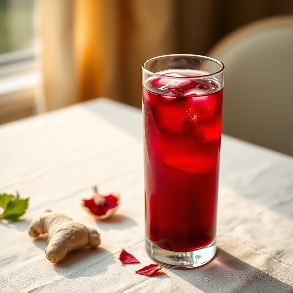 Glass of sorrel drink with hibiscus petals and ginger on a tablecloth