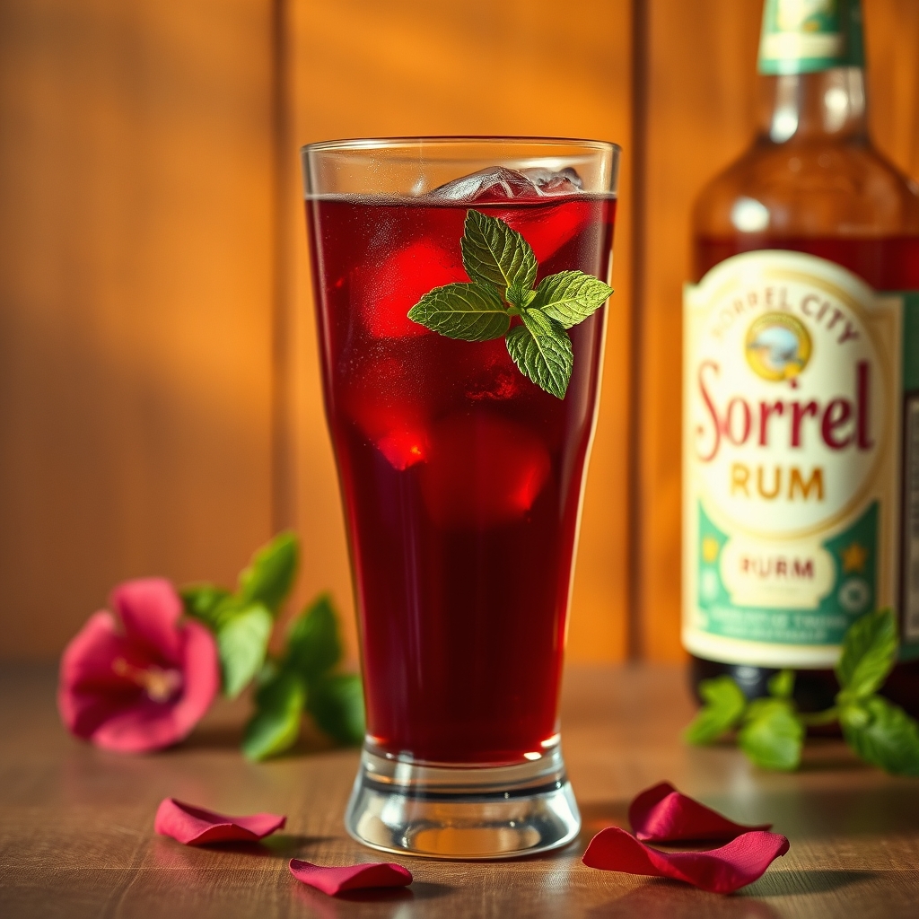 Glass of sorrel and rum cocktail with mint and hibiscus petals