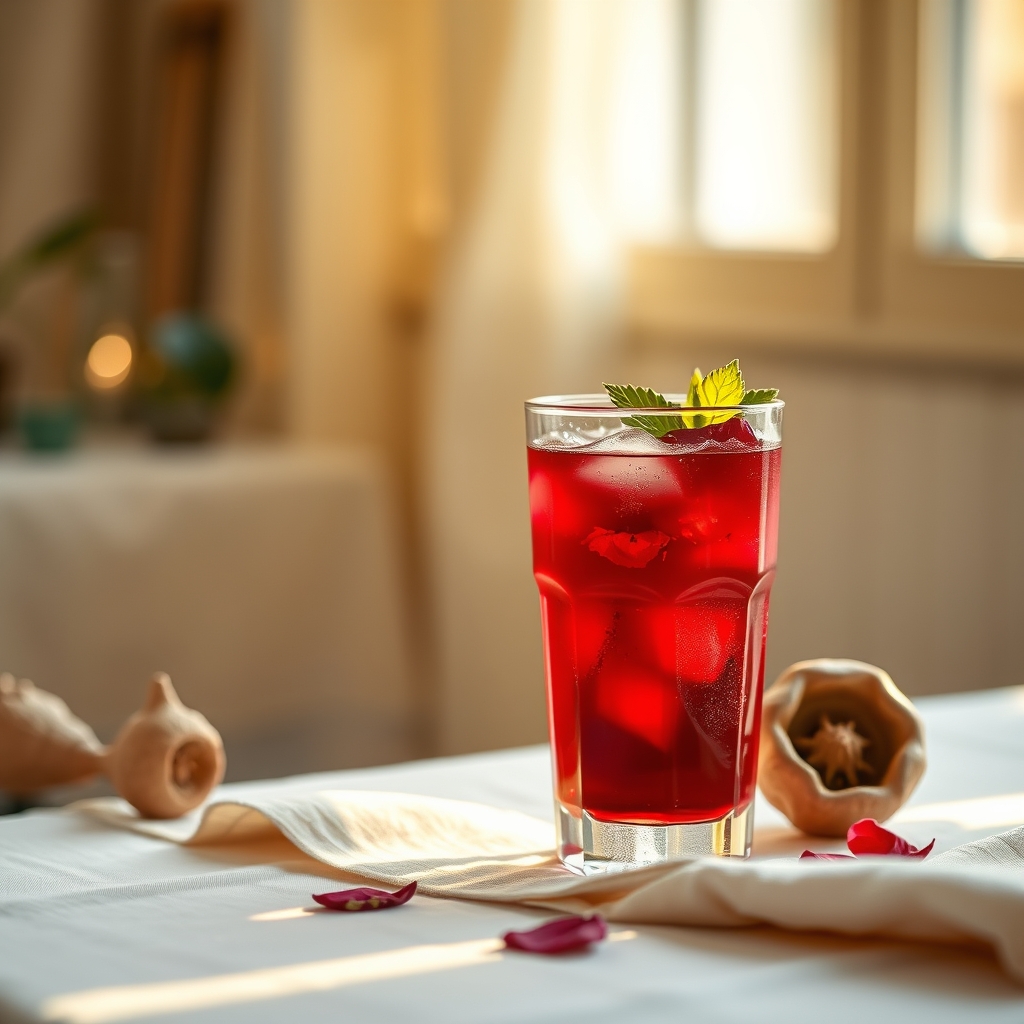 Glass of sorrel drink with hibiscus petals and ginger on a tablecloth