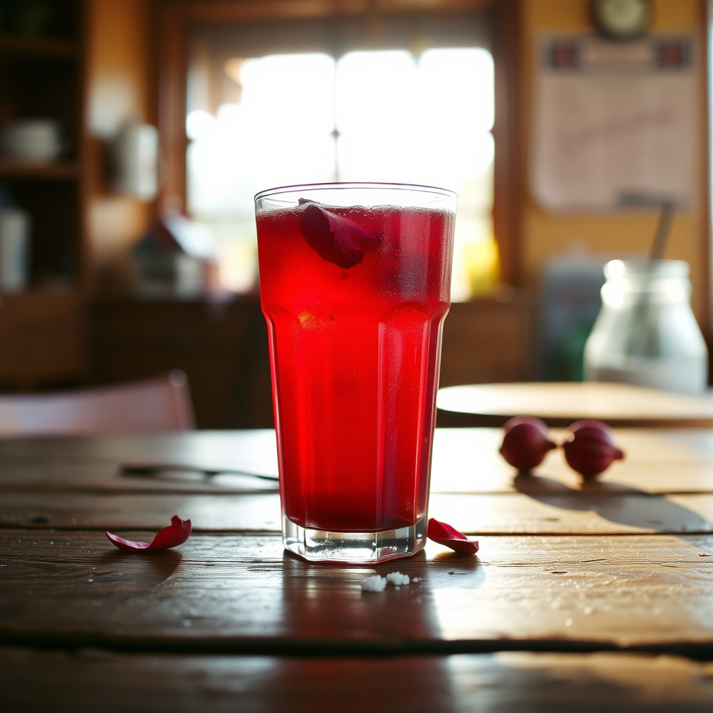 Glass of sorrel drink with hibiscus petals on a wooden table