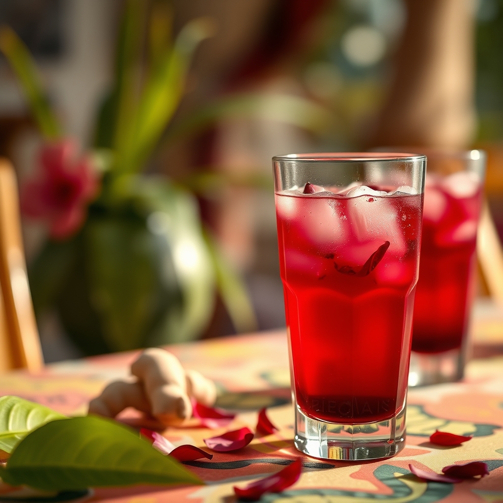 Glass of sorrel drink with hibiscus petals and ginger on a Carnival-themed tablecloth