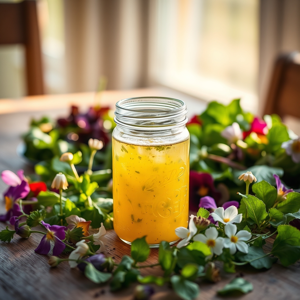 Glass jar of sorrel vinaigrette on a wooden table with salad greens