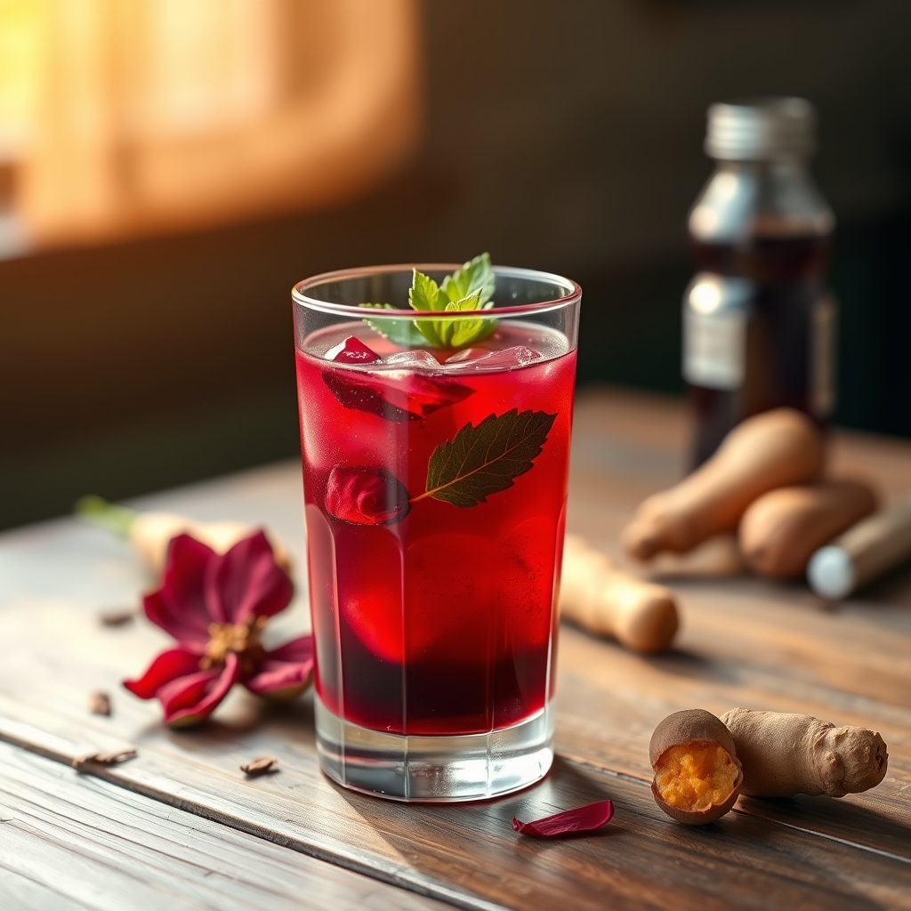 Glass of sorrel drink with hibiscus petals and ginger on a wooden table