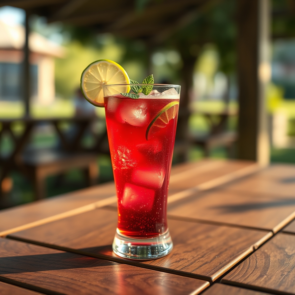 Glass of sorrel-and-rum cocktail on a wooden picnic table
