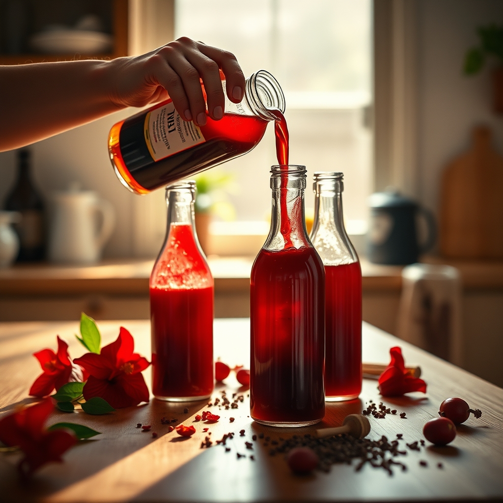 Hands pouring sorrel into glass bottles on a wooden kitchen counter