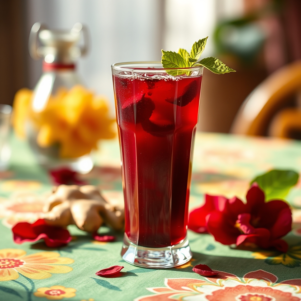 Glass of sorrel drink with hibiscus petals and ginger on a tablecloth