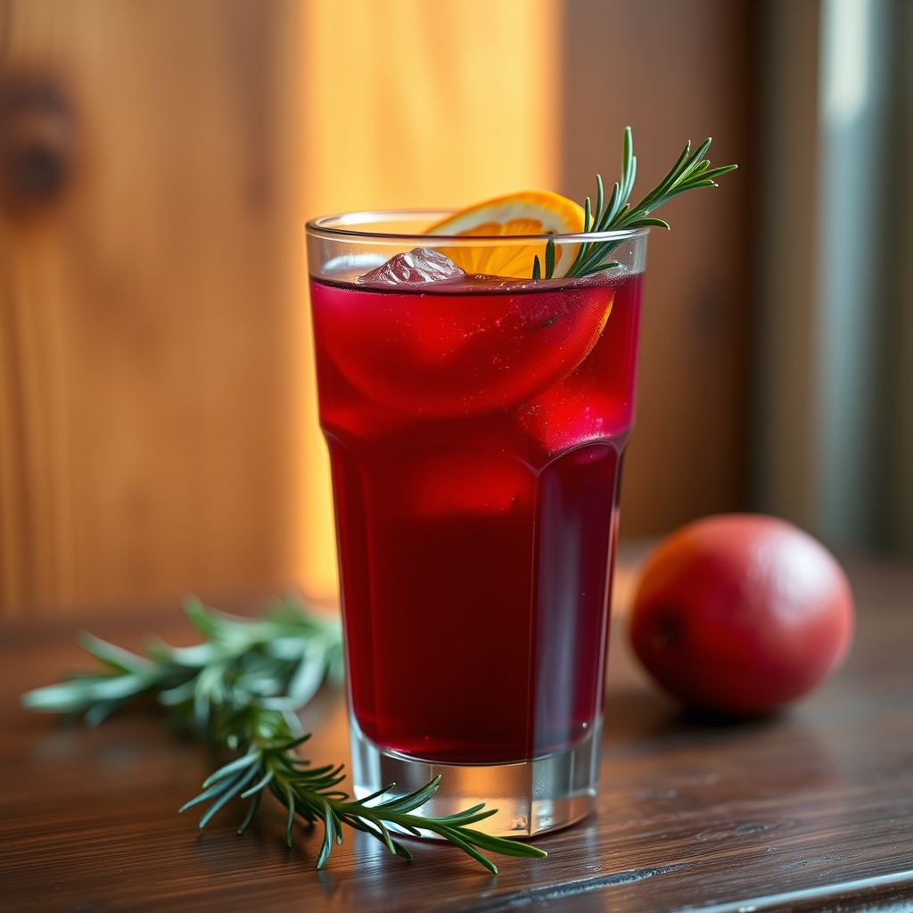 Glass of sorrel rum punch with rosemary and orange slice