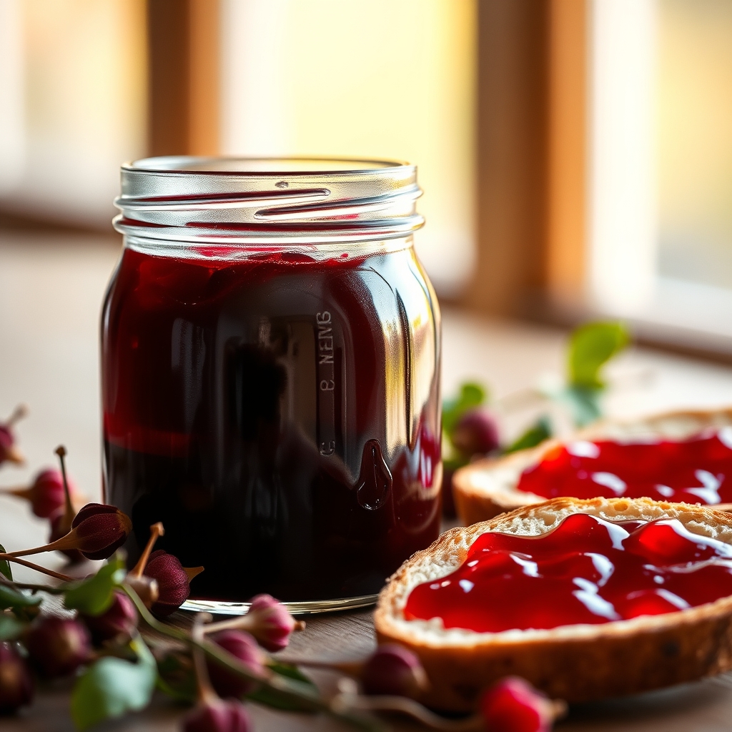 Glass jar of sorrel jelly with hibiscus calyxes and toast