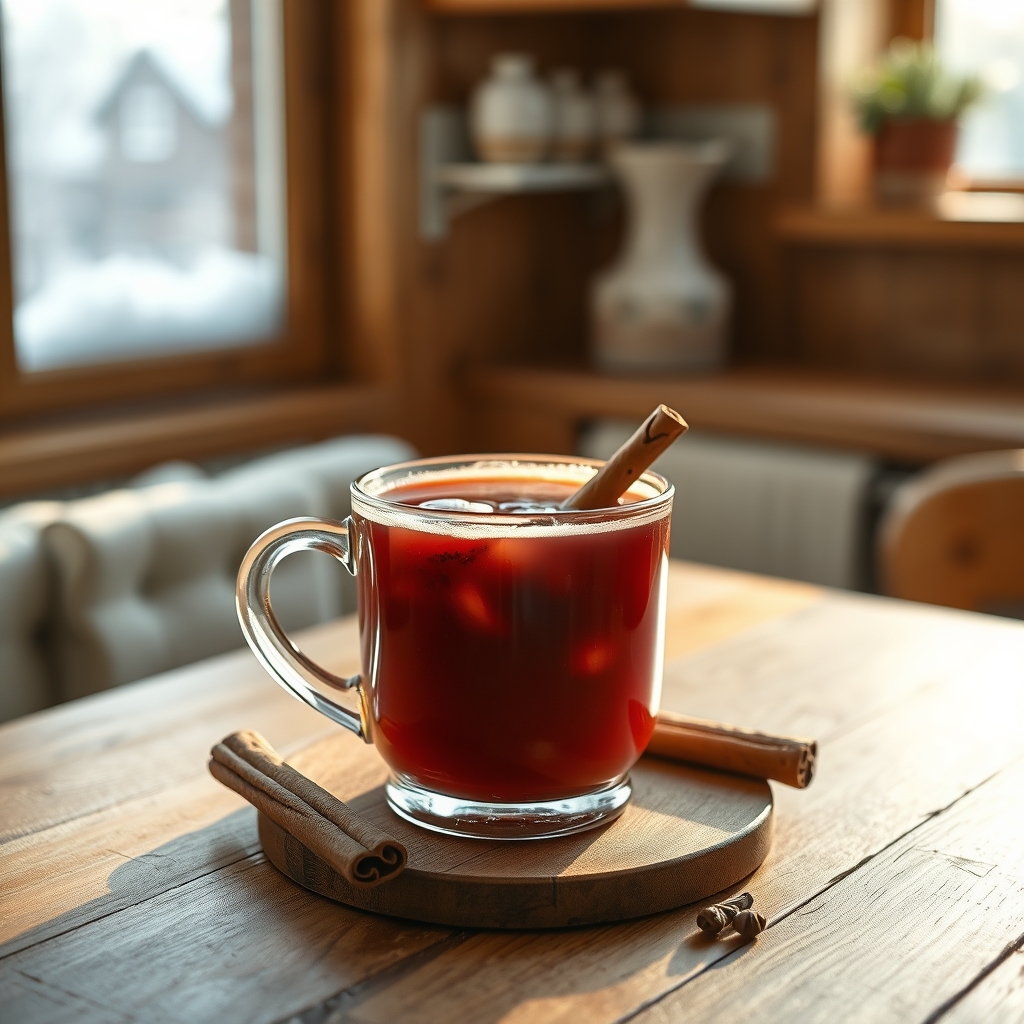 A mug of spiced sorrel on a wooden table