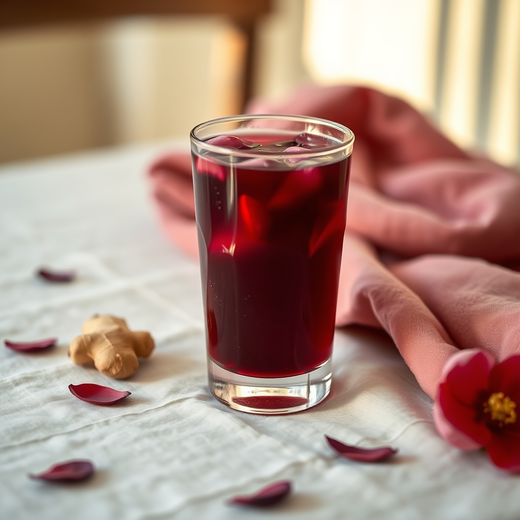 Glass of sorrel drink with hibiscus petals and ginger on a tablecloth