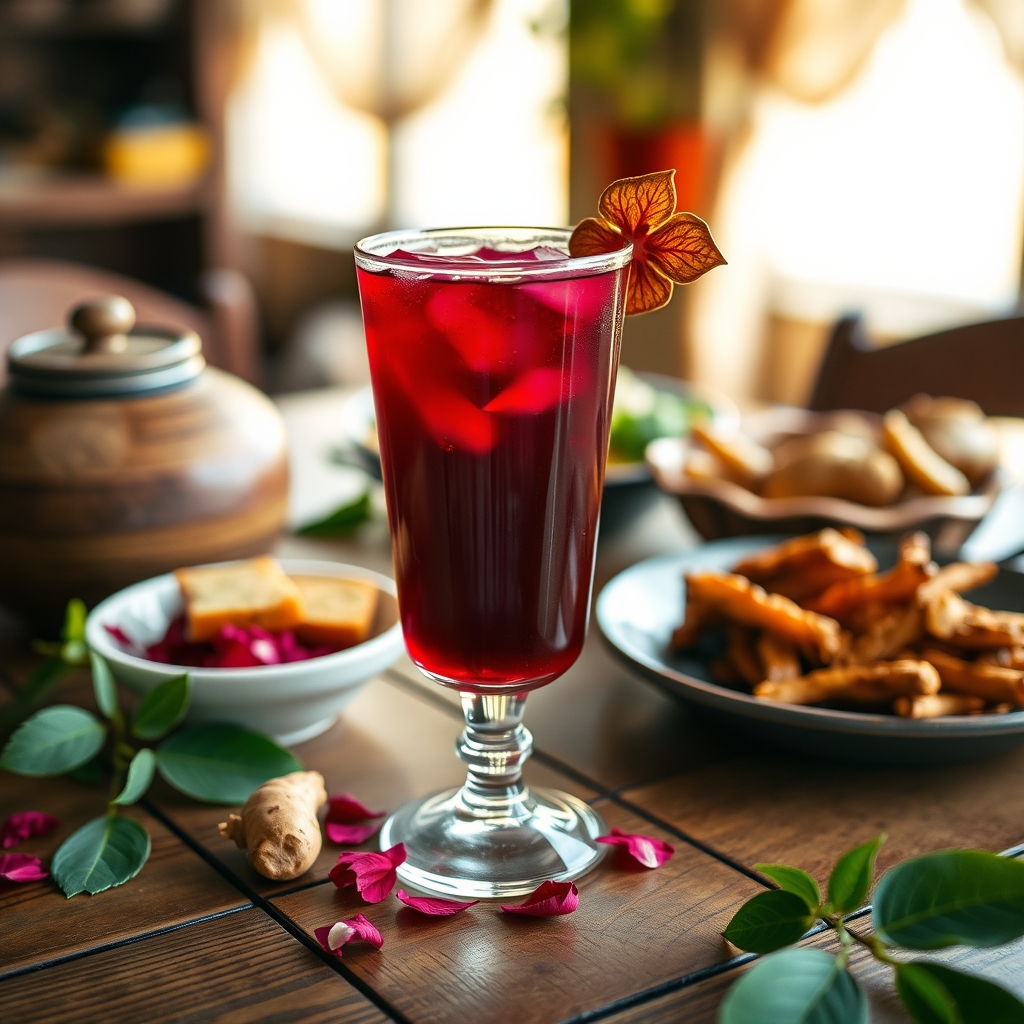 Glass of sorrel drink with hibiscus petals and ginger on a wooden table