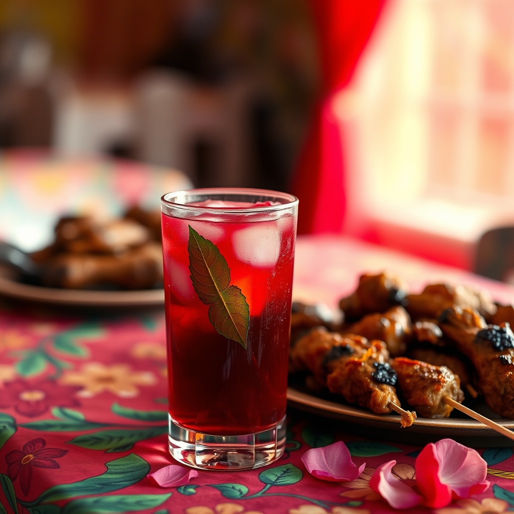 Glass of sorrel drink with hibiscus petals and ginger on a colorful tablecloth