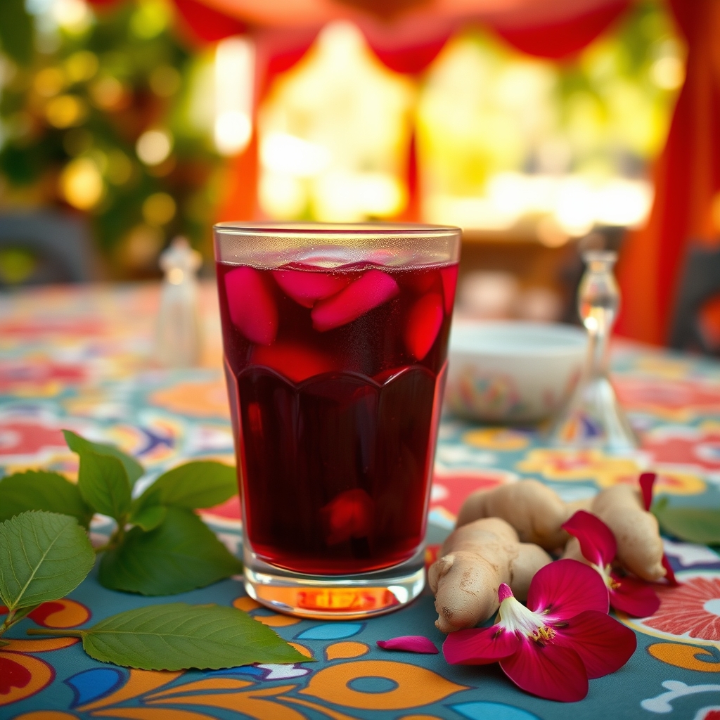 Glass of sorrel drink with hibiscus petals and ginger on a festival tablecloth
