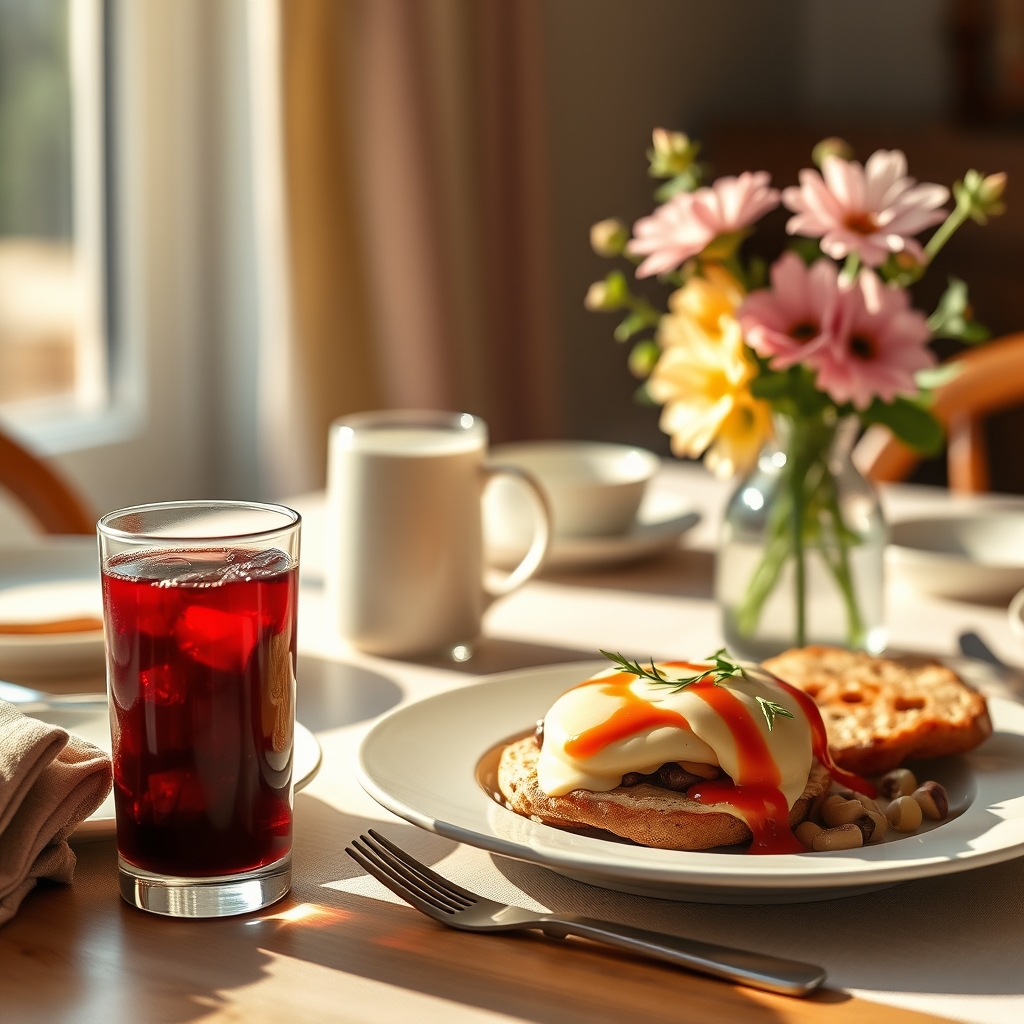 Mother's Day brunch table with sorrel drink and eggs benedict